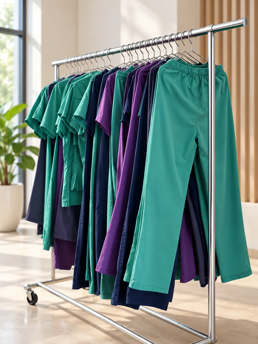 Uniforme medicale finisate, pe stender, gata de livrare